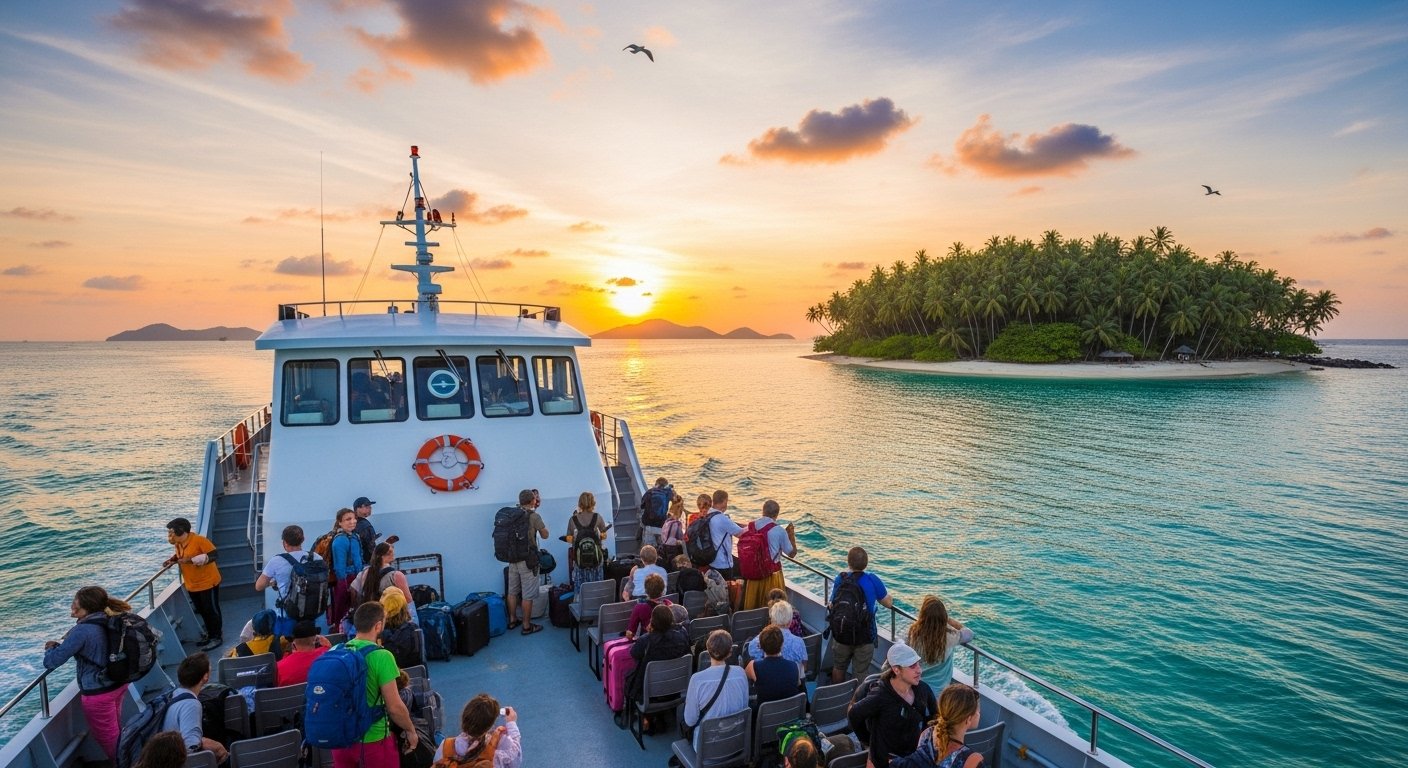Photorealistic image of travelers arriving by ferry to a scenic Cambodian island from Sihanoukville, with the coastline and other islands in the distance, representing how to get to Must-Visit Cambodian Islands.