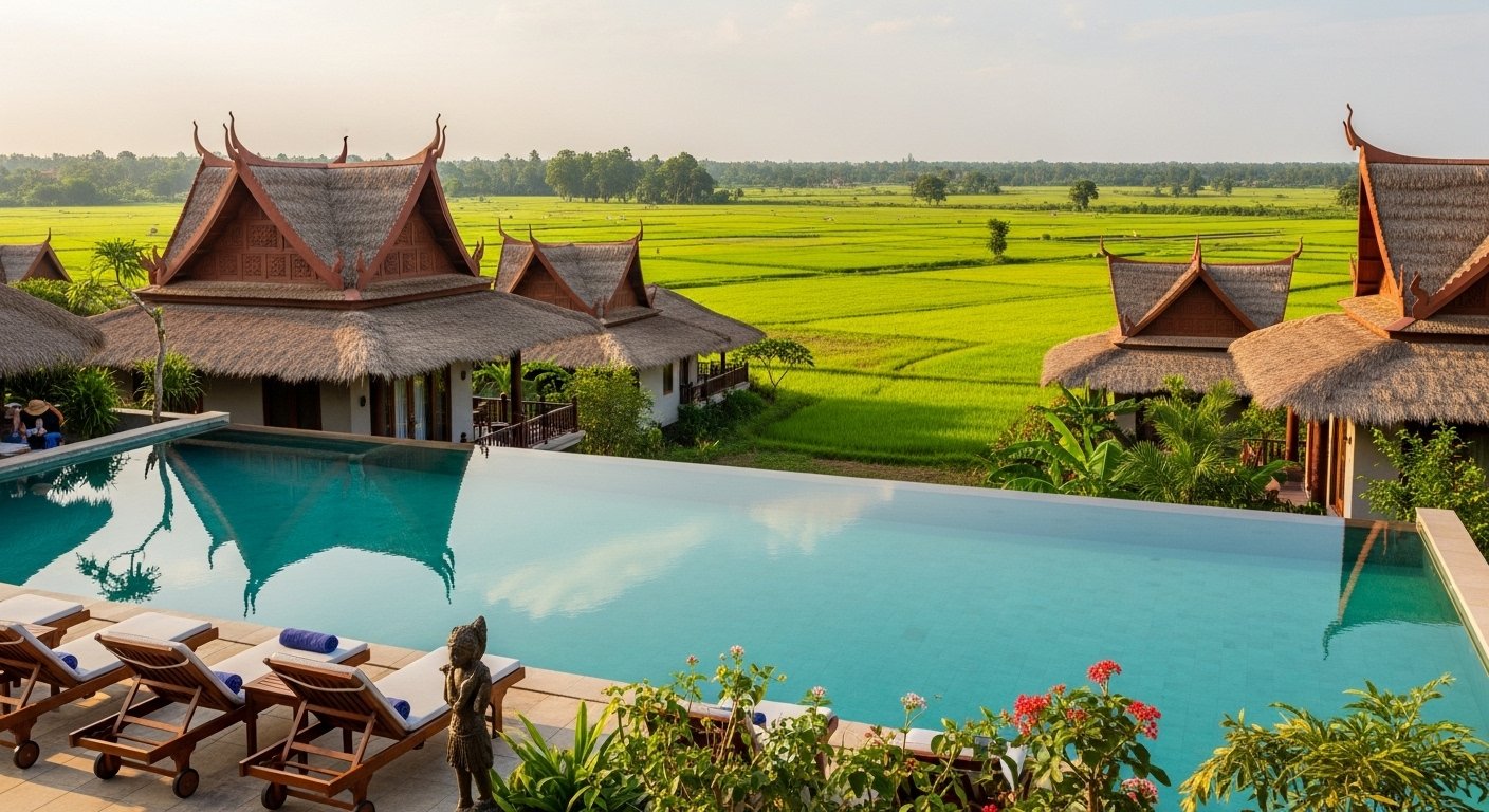 Phum Baitang Resort's stunning infinity pool with panoramic pool views of lush green rice paddies and traditional Khmer-style villas, showcasing Siem Reap hotels with stunning pool views.