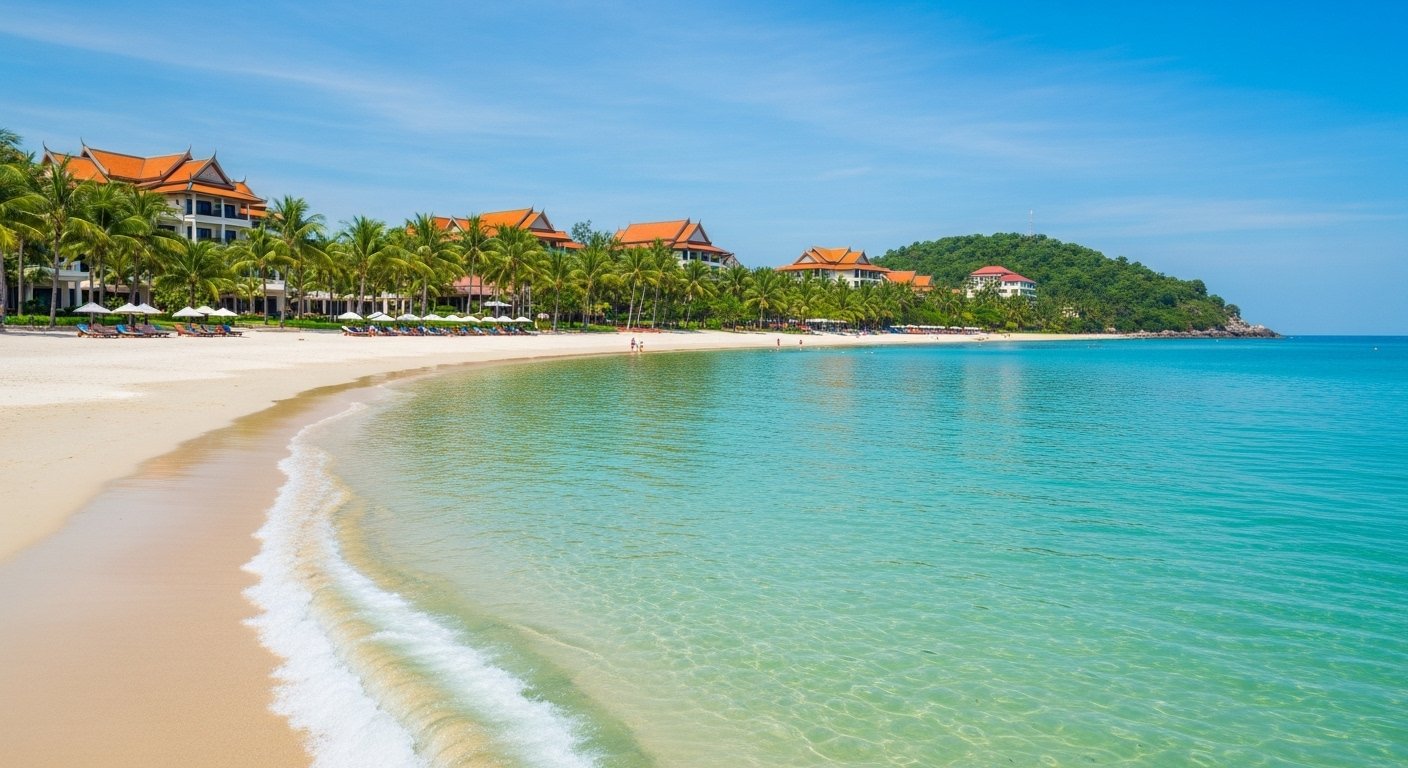 Pristine white sands and clear blue waters of Sokha Beach Sihanoukville, with luxurious resorts in the background, a perfect scene for a Sihanoukville beach guide focusing on family-friendly luxury and relaxation.