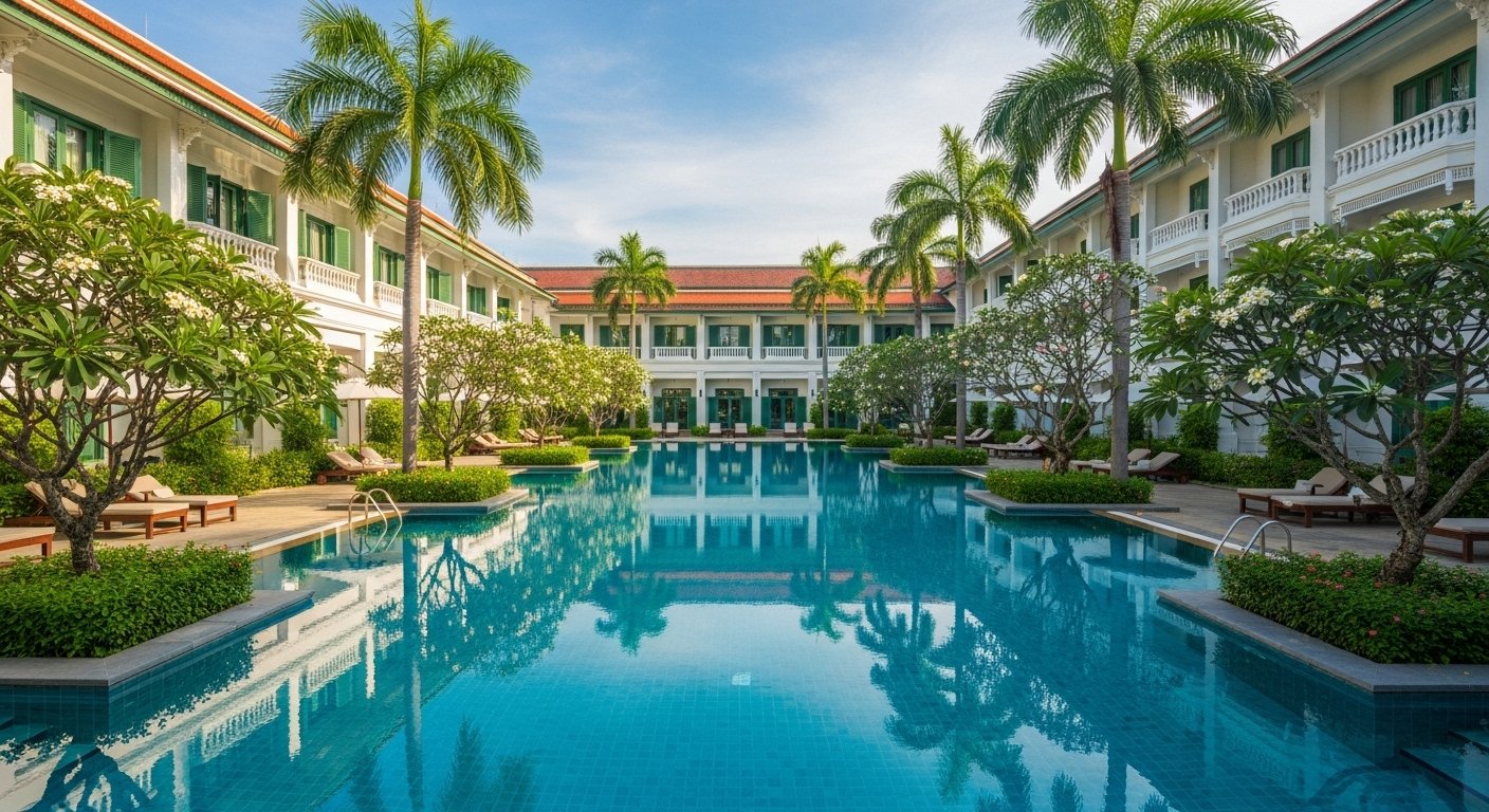 Raffles Grand Hotel d'Angkor's expansive swimming pool with stunning pool views, surrounded by lush tropical gardens and classic colonial architecture in Siem Reap.