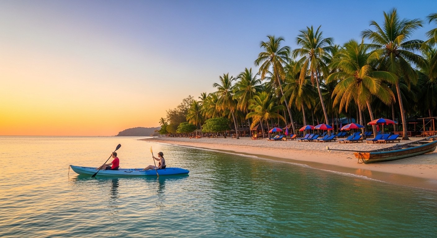 Relaxed atmosphere on Otres Beach Sihanoukville, with people kayaking on calm turquoise waters, palm trees lining the shore, embodying a Sihanoukville beach guide for tranquility and relaxation.