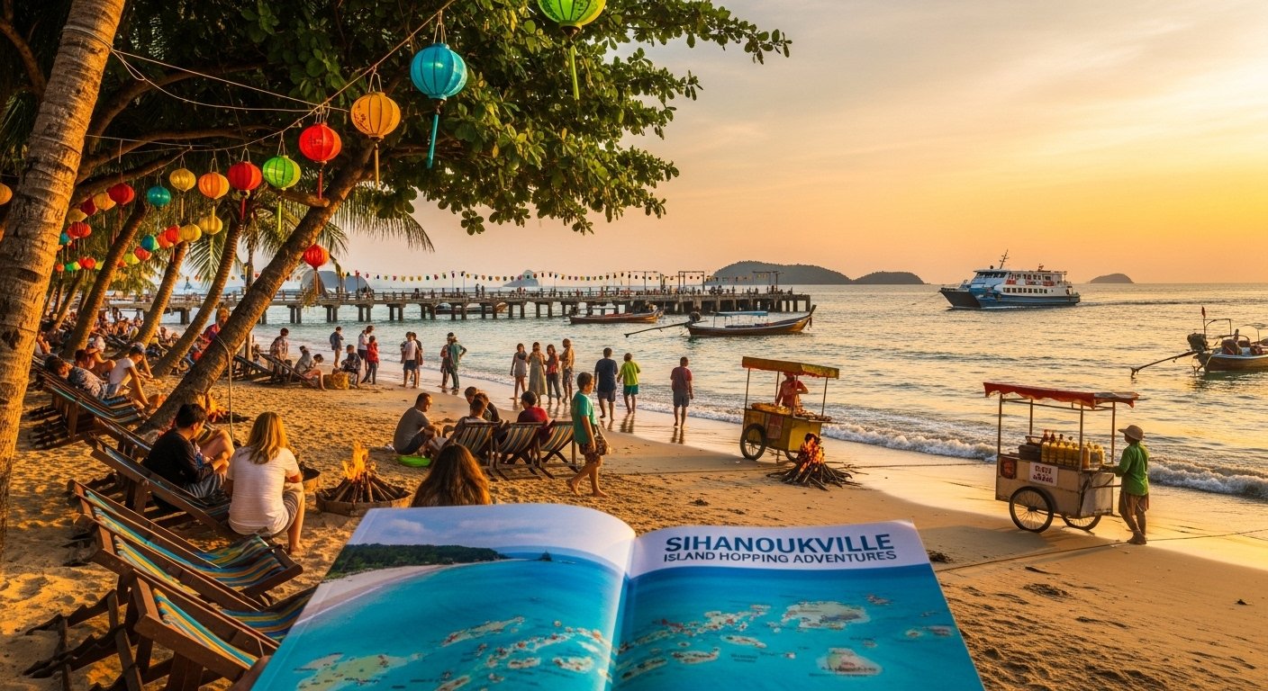 Serendipity Beach Sihanoukville at sunset, with a ferry departing towards islands, showcasing the vibrant atmosphere for a Sihanoukville beach guide focused on island hopping.
