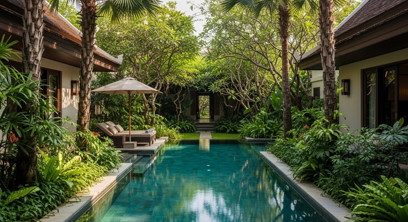 Shinta Mani Angkor Bensley Collection Pool Villa with a private plunge pool and stunning pool views of a secluded tropical garden, embodying luxury Siem Reap hotels with private pool.