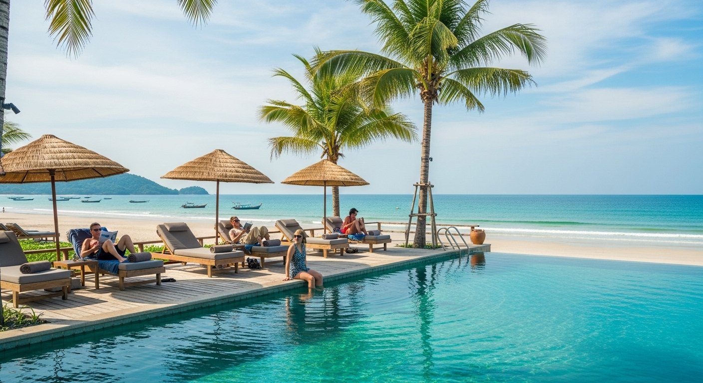 Spectacular ocean views from Saracen Bay as guests relax by the inviting pool, a common luxury found among the best Koh Rong Samloem beachfront hotels.