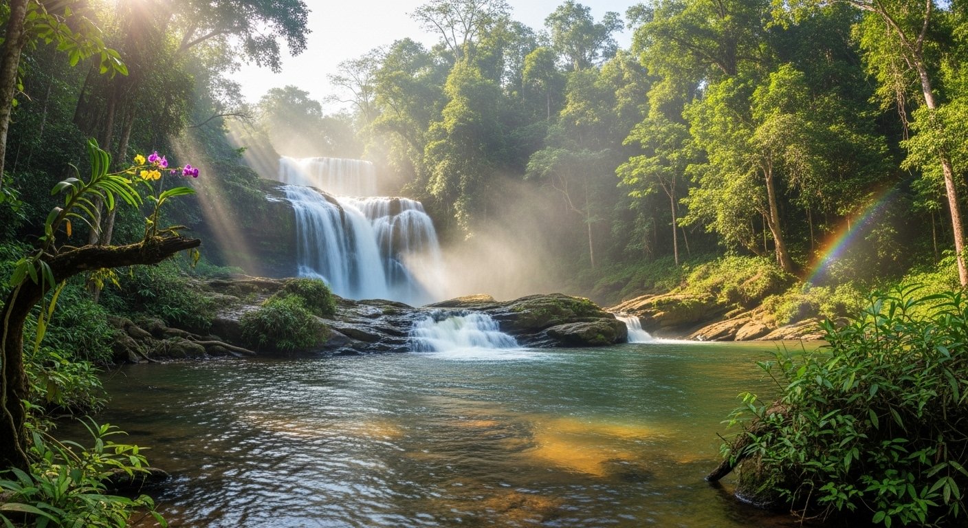 Tatai waterfall in Koh Kong Province, surrounded by dense Cardamom Mountains jungle, highlighting Cambodia hidden waterfalls in a remote setting.