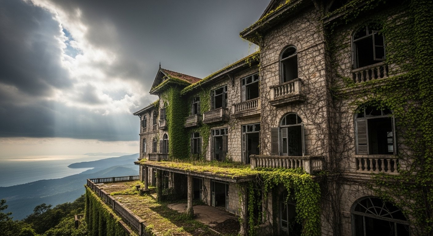 The abandoned Bokor Palace Hotel on Bokor Mountain Kampot, with its colonial architecture slowly being reclaimed by nature, under a dramatic sky.