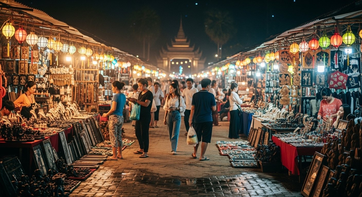 The atmospheric Angkor Night Market in Siem Reap, with beautifully lit stalls displaying artisan crafts and people browsing, representing Markets to Explore in Cambodia.