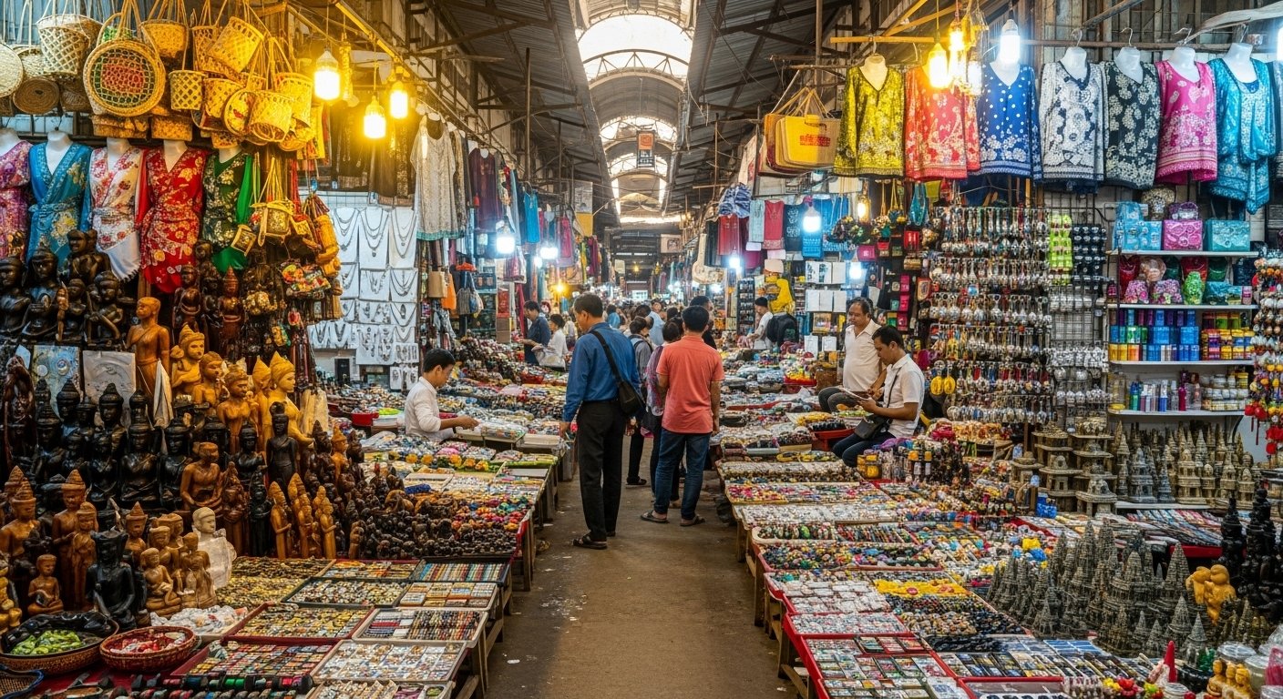 The bustling interior of Russian Market Phnom Penh, showing stalls filled with handicrafts, textiles, and souvenirs, as one of the key Markets to Explore in Cambodia.