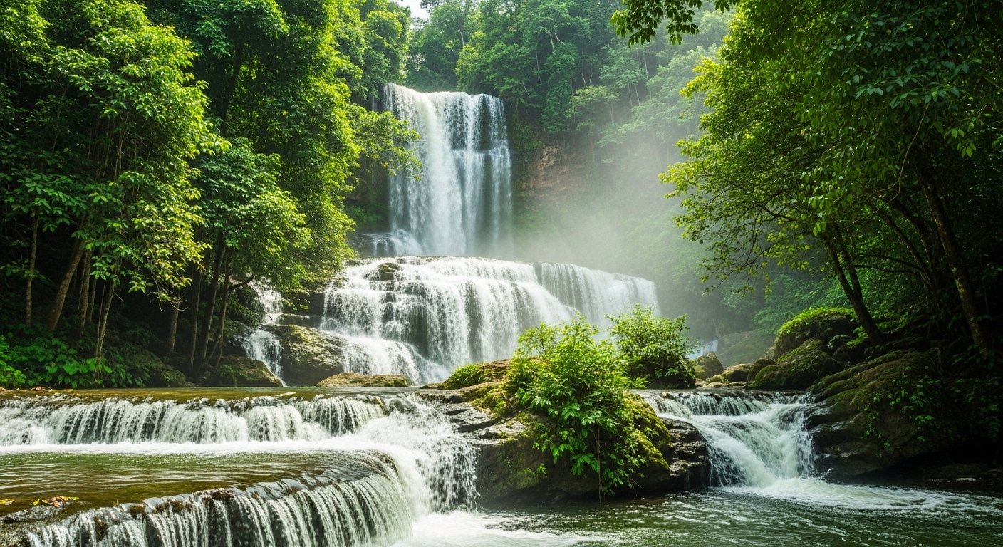 The cascading Popokvil Waterfall on Bokor Mountain Kampot, surrounded by lush green foliage, with mist rising from the falls.