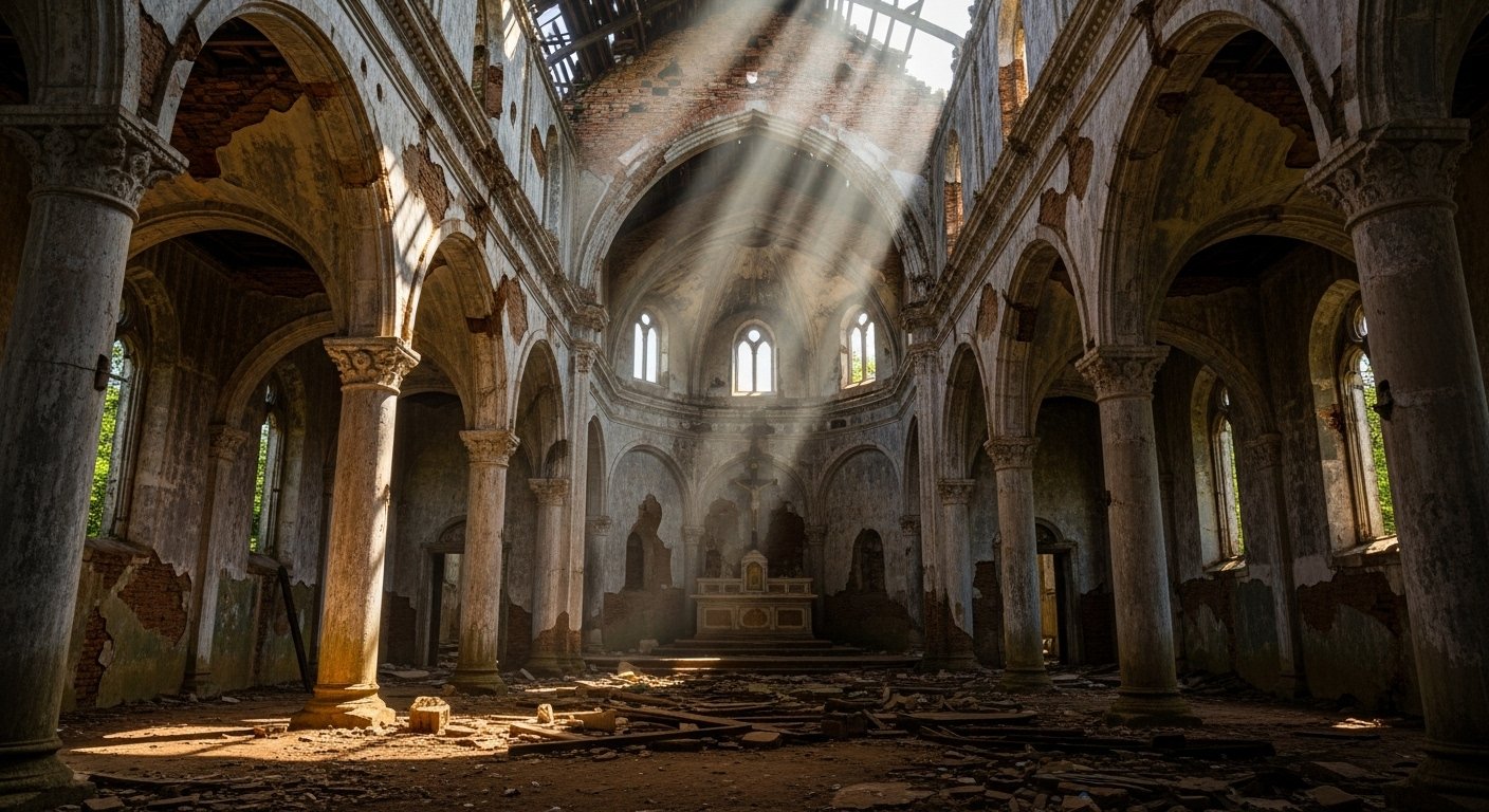 The desolate interior of the Bokor Old Catholic Church on Bokor Mountain Kampot, with light streaming through broken windows, highlighting its aged and historic architecture.