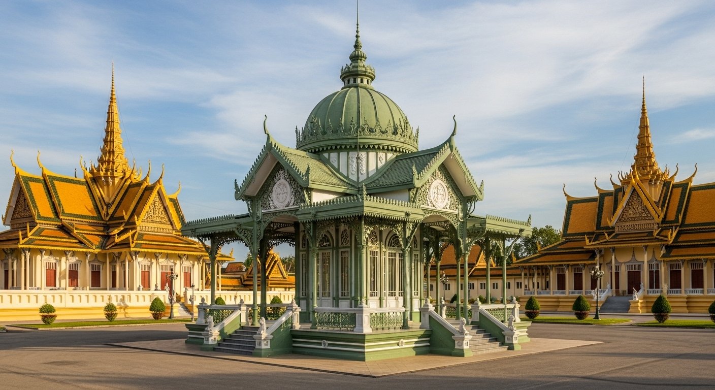 The distinctive green and white iron structure of the Napoleon III Pavilion within the Phnom Penh Royal Palace grounds, contrasting sharply with the surrounding traditional Khmer buildings, emphasizing its unique architectural style.