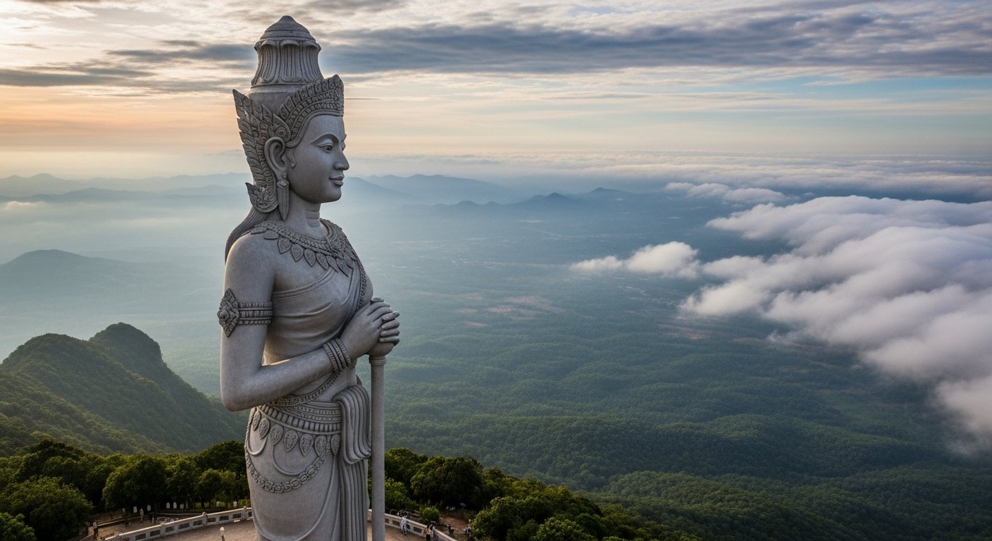The grand Lok Yeay Mao Monument on Bokor Mountain Kampot, a large statue overlooking a vast landscape with clouds in the background.