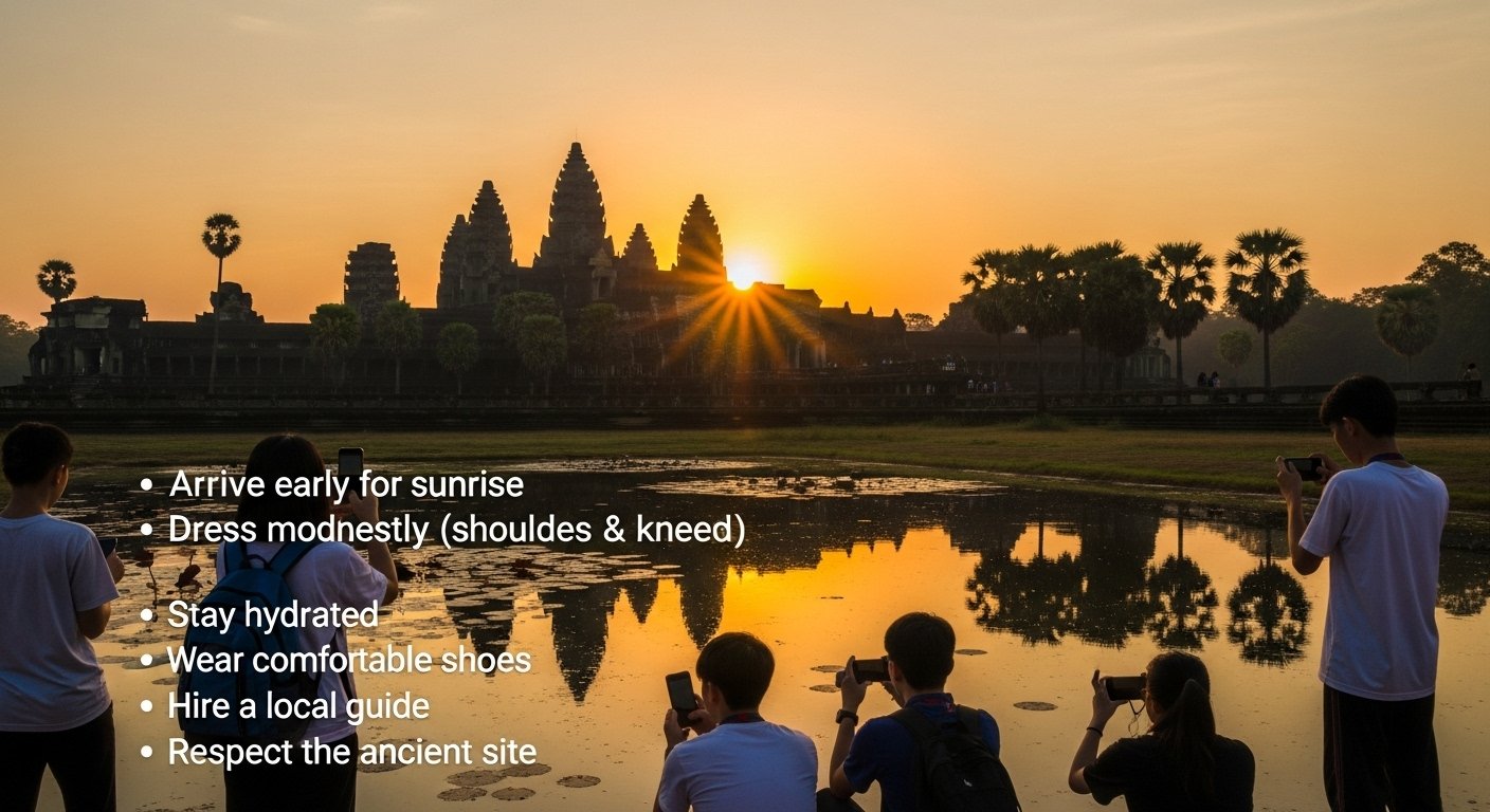 The iconic silhouette of Angkor Wat at sunrise, with a few students capturing the moment, highlighting essential Cambodia travel tips for visiting the ancient temples.