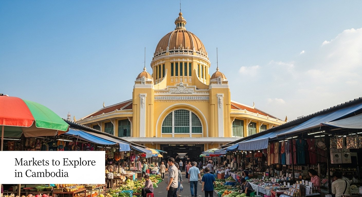 The iconic yellow Art Deco architecture of Central Market Phnom Penh, with market stalls visible outside, showcasing Markets to Explore in Cambodia.