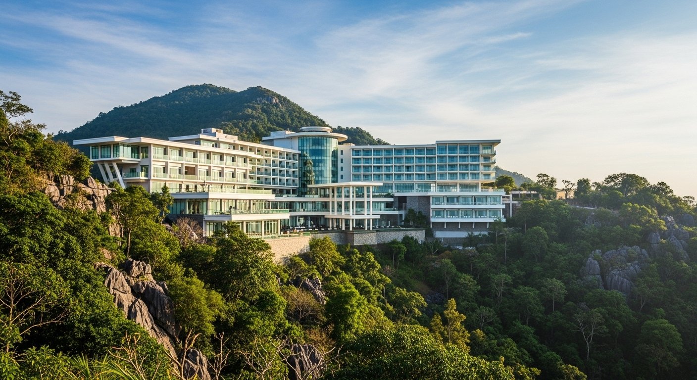 The modern architecture of Thansur Bokor Highland Resort on Bokor Mountain Kampot, contrasting with the natural mountain environment, under a clear sky.