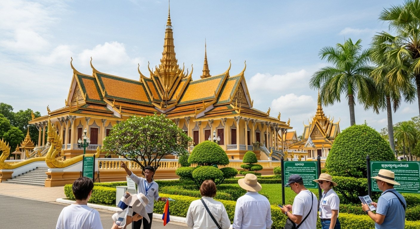 The Royal Palace in Phnom Penh, a key destination for how to book tours activities Cambodia focused on history and culture. Photorealistic.