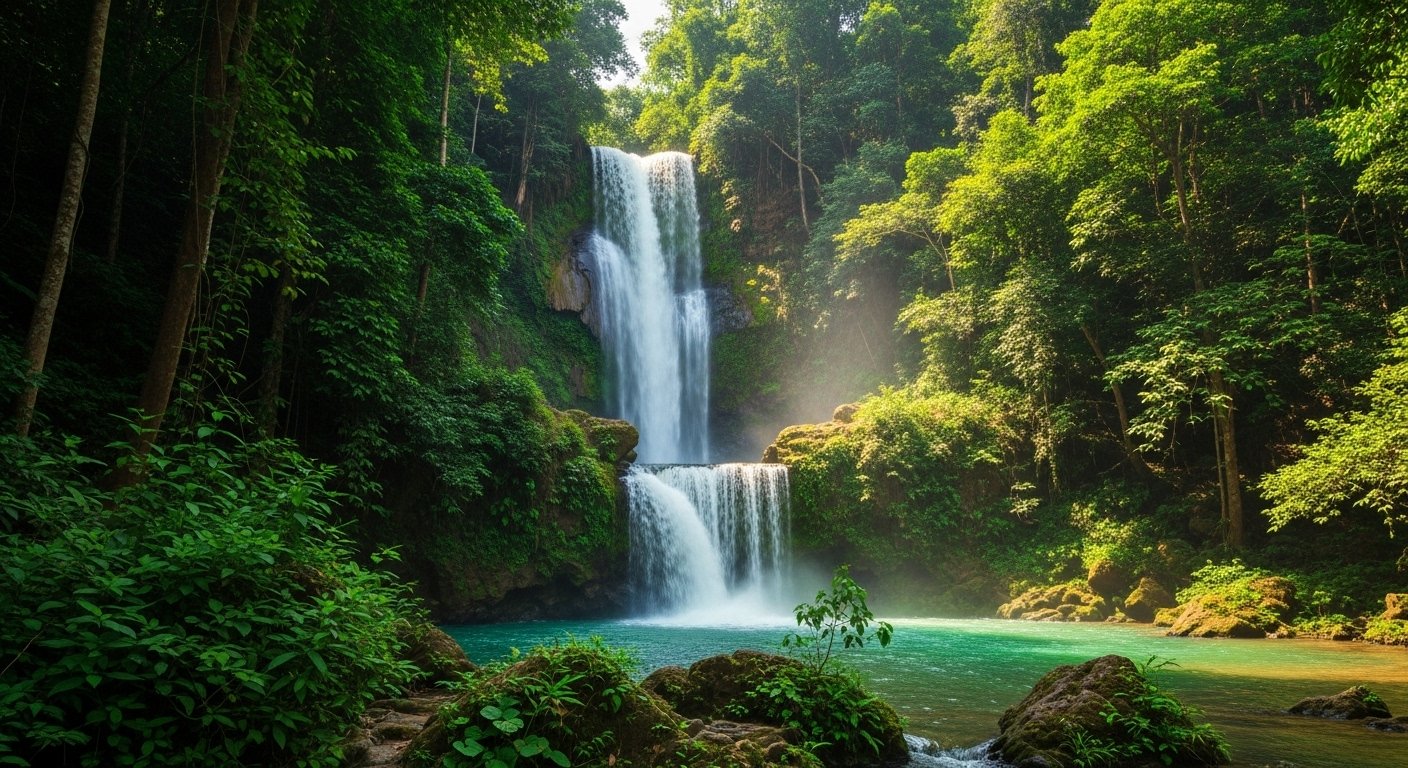 The two-tiered Phnom Kulen waterfall, with clear water and lush jungle surroundings, illustrating the beauty of Cambodia hidden waterfalls.