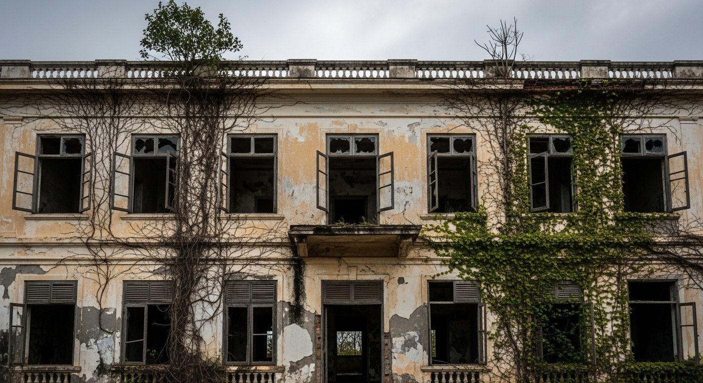 The weathered facade of the abandoned Bokor Palace Hotel on Bokor Mountain Kampot, with broken windows and overgrown greenery, conveying a sense of historical mystery.