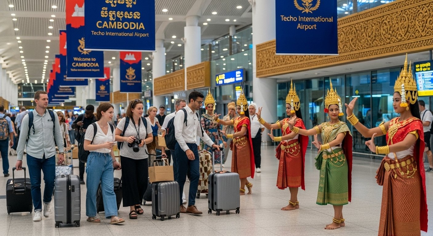 Tourists arriving at Techo International Airport, being welcomed by traditional Cambodian dancers, highlighting the tourism impact.