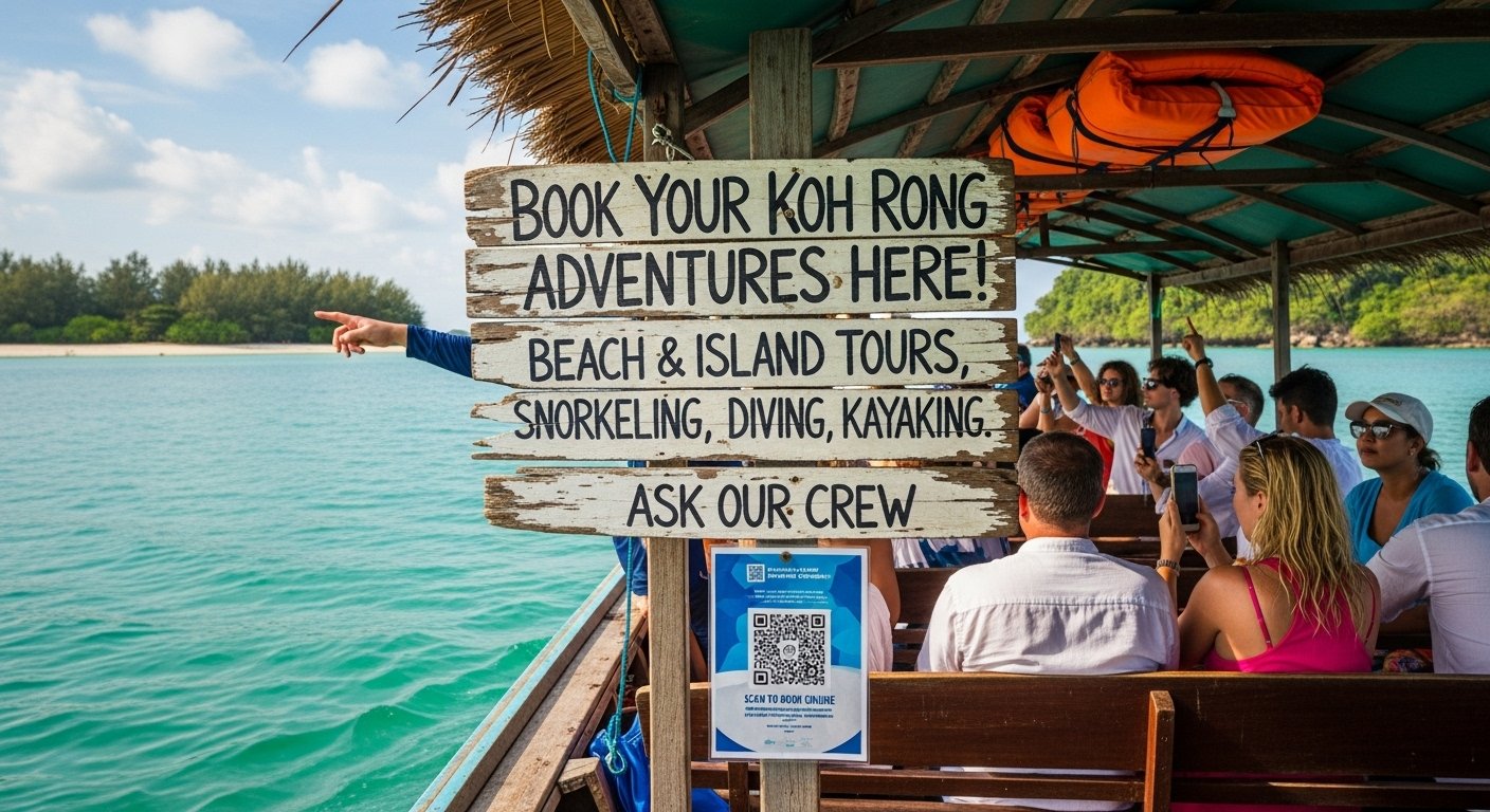 Tourists enjoying a boat trip for Koh Rong activities, showcasing how to book tours activities Cambodia for beach and island adventures. Photorealistic.