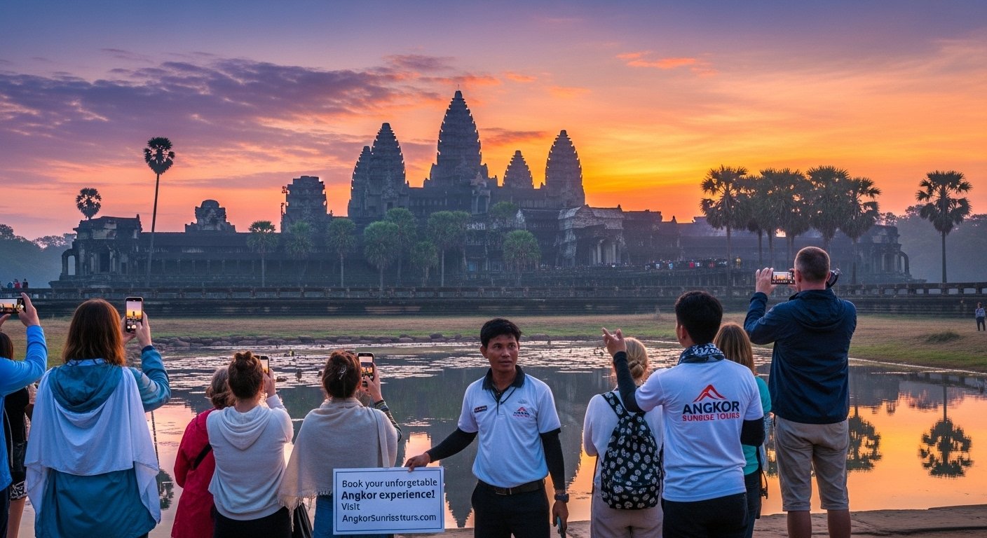 Tourists enjoying an Angkor Wat sunrise tour, illustrating how to book tours activities Cambodia for iconic experiences in Siem Reap. Photorealistic.