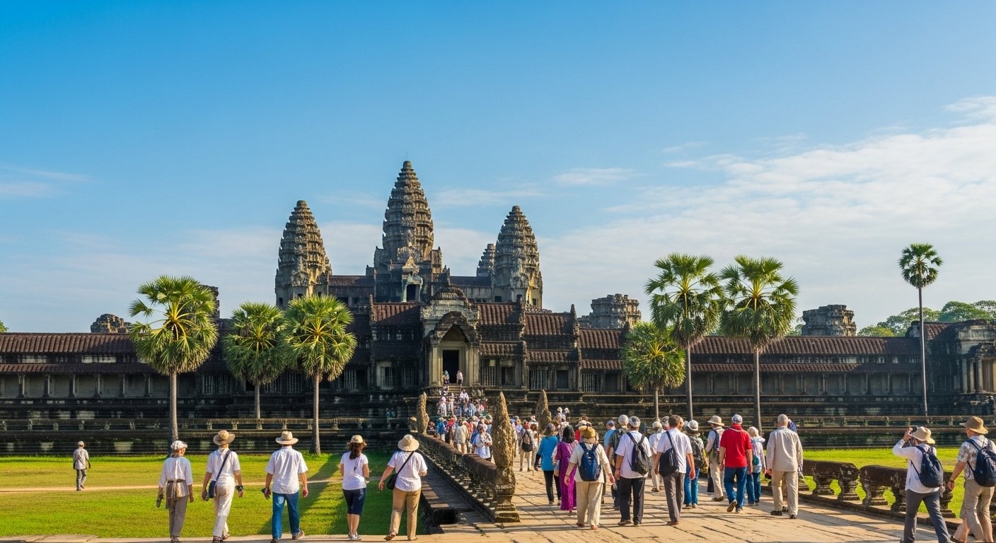 Tourists exploring Angkor Wat under a clear blue sky during the dry season, illustrating the best time to travel Cambodia.