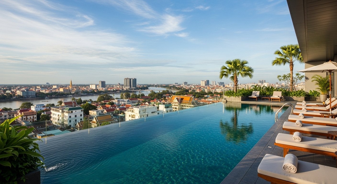 Treeline Urban Resort's contemporary rooftop infinity pool with stunning pool views overlooking the Siem Reap city skyline and river, highlighting a chic Siem Reap hotel with a rooftop pool.