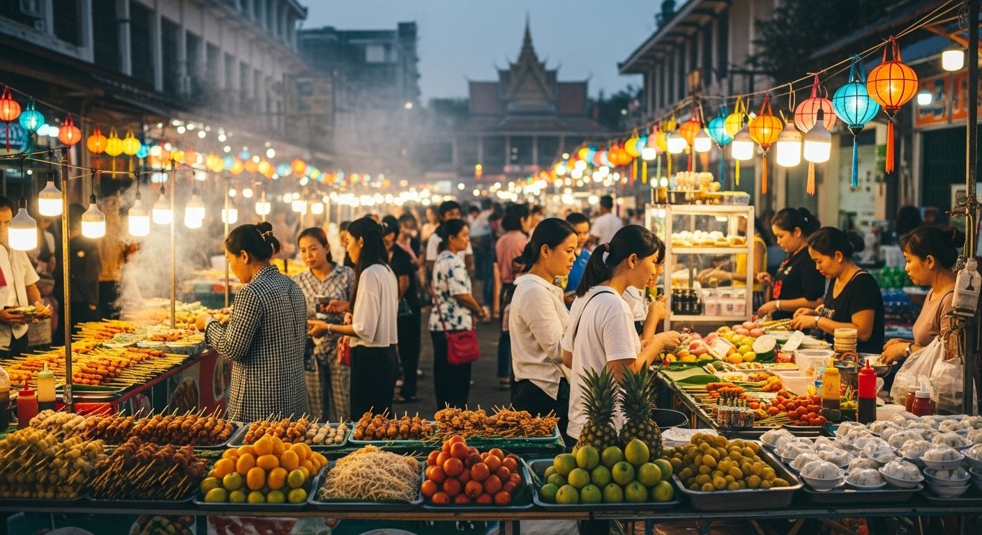 Vibrant and lively Phnom Penh Night Market, with illuminated food stalls and people enjoying the evening, highlighting the experience of Markets to Explore in Cambodia.