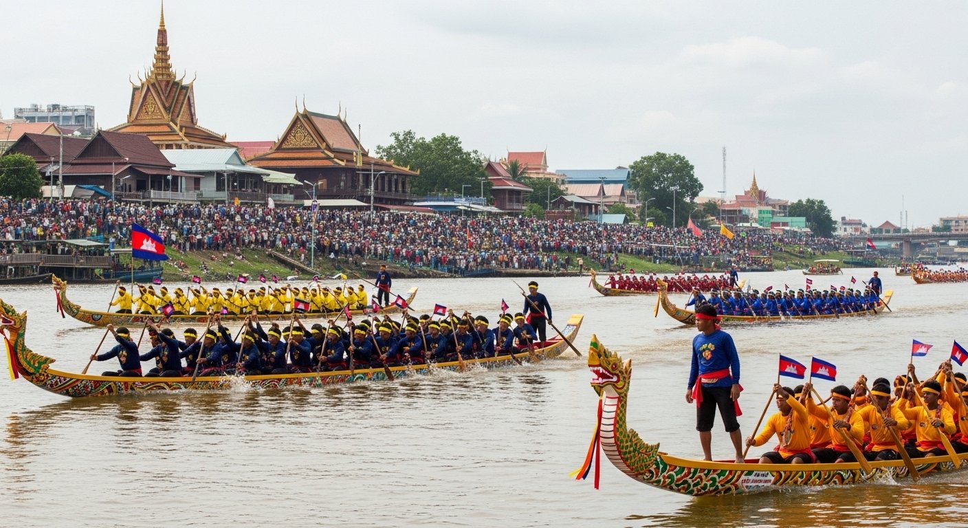 Vibrant boat races on the Tonle Sap River during Cambodia's Water Festival, showcasing a lively cultural aspect of the best time to travel Cambodia.