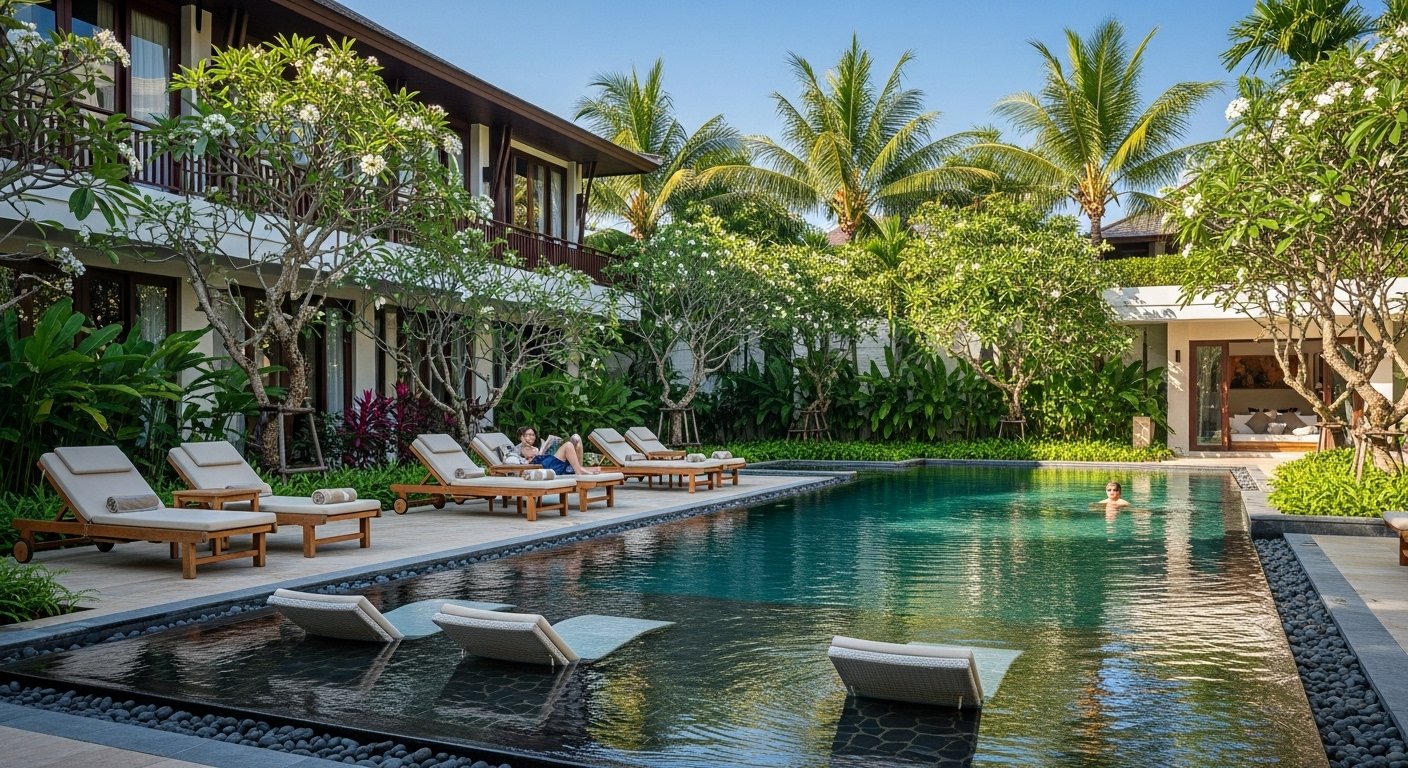Viroth's Hotel's elegantly designed swimming pool nestled within a lush tropical garden, offering stunning pool views and a serene ambiance, showcasing a top-rated Siem Reap hotel with a pool.