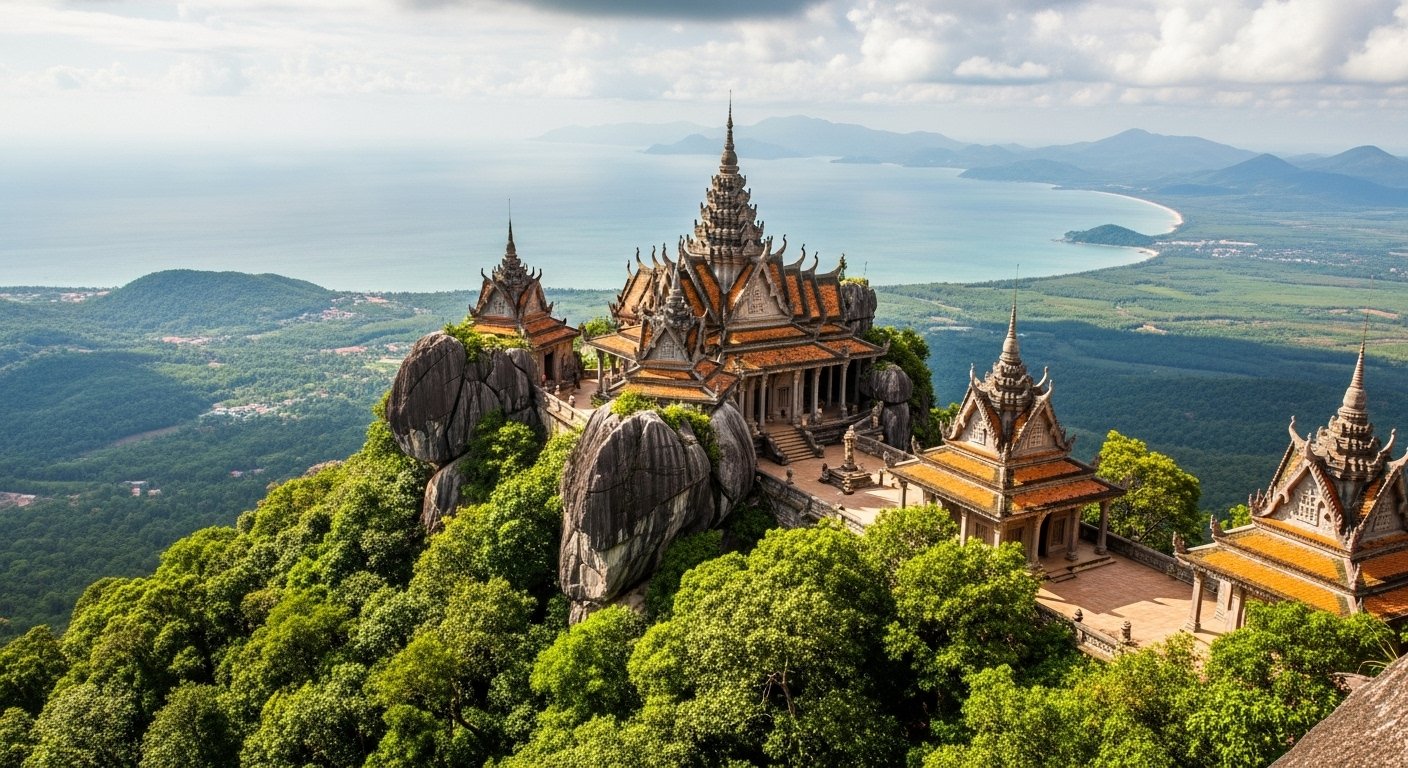 Wat Sampov Pram, the Five Boats Pagoda, on Bokor Mountain Kampot, showcasing its unique rock formations and stunning views of the ocean and surrounding landscape.