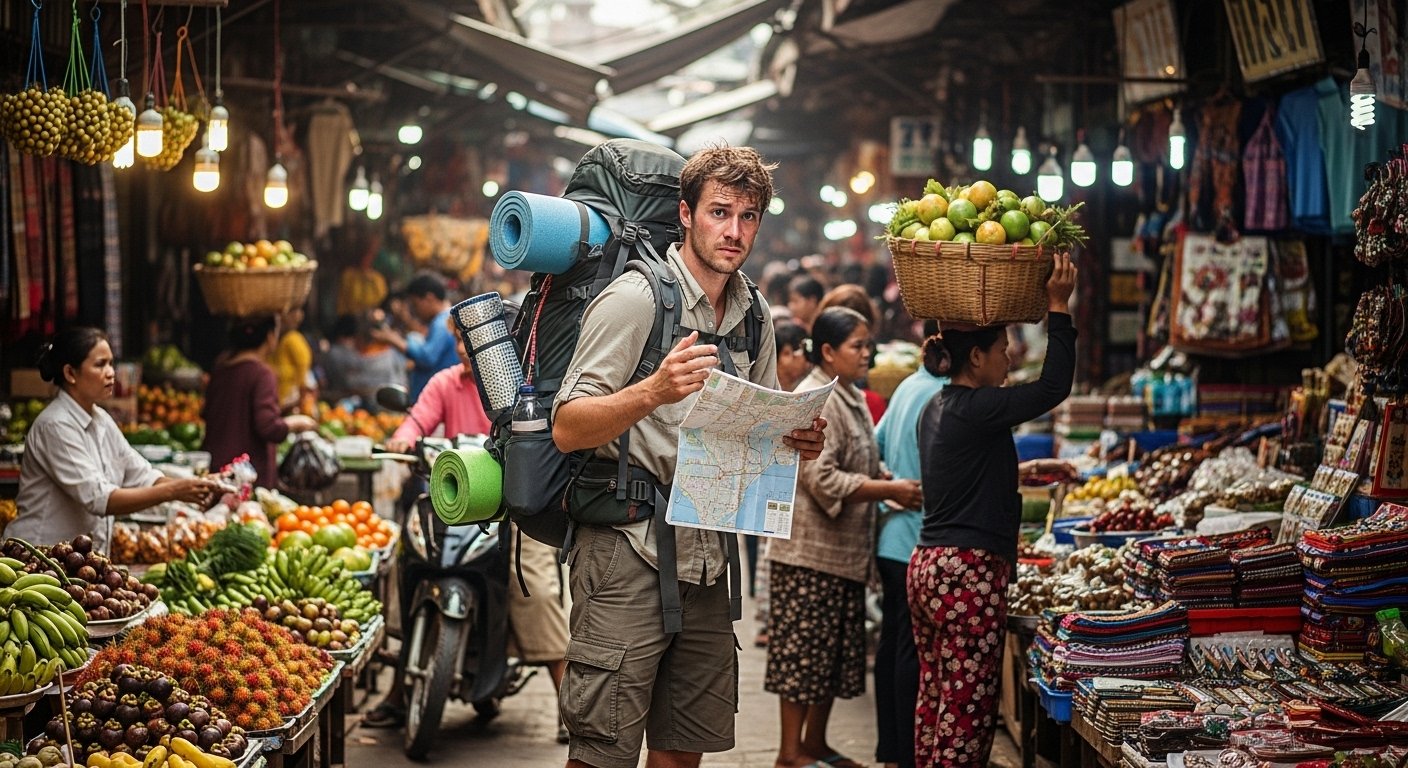 A backpacker looking confused but determined in a bustling Cambodian market, illustrating the common Cambodia travel mistakes of first-time visitors.