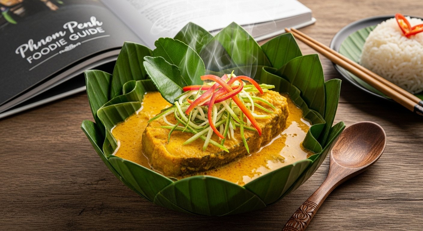 A beautifully presented Fish Amok (Amok Trey) in a banana leaf bowl, garnished with kaffir lime leaves and chili, as part of a Phnom Penh Foodie Guide.