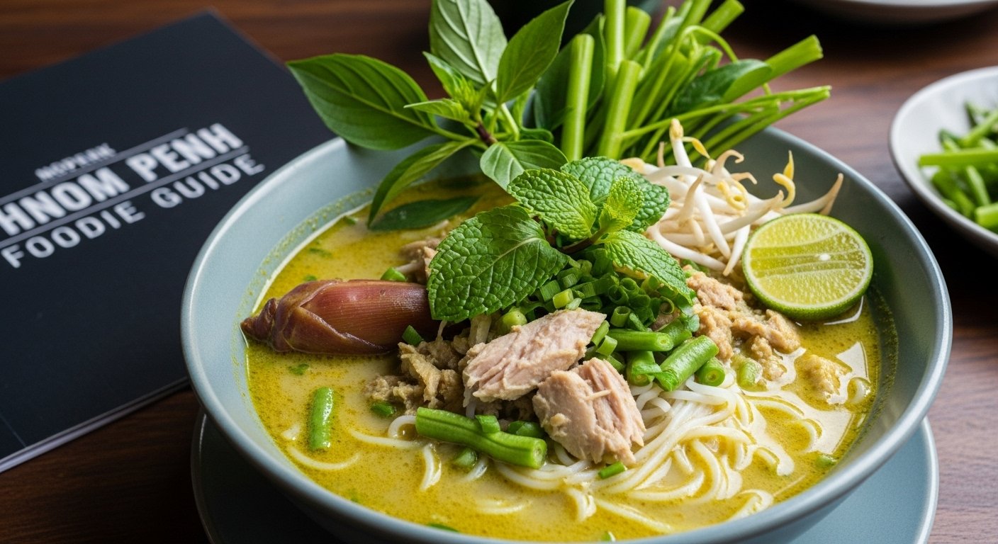 A bowl of fresh Nom Banh Chok, traditional Cambodian breakfast noodles with green curry and fresh herbs, showcasing a key dish in a Phnom Penh Foodie Guide.