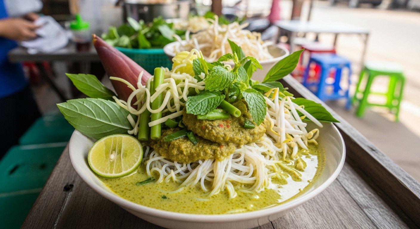 A bowl of traditional Nom Banh Chok, fresh rice vermicelli noodles with green fish curry, topped with fresh herbs and vegetables, served at a Cambodia street food stall, high-quality, photorealistic.