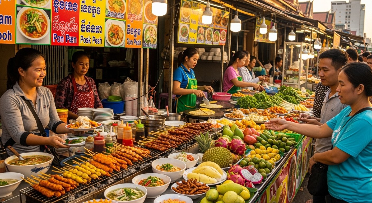 A bustling Phnom Penh food market scene with various street food vendors and fresh produce, embodying the spirit of a Phnom Penh Foodie Guide.