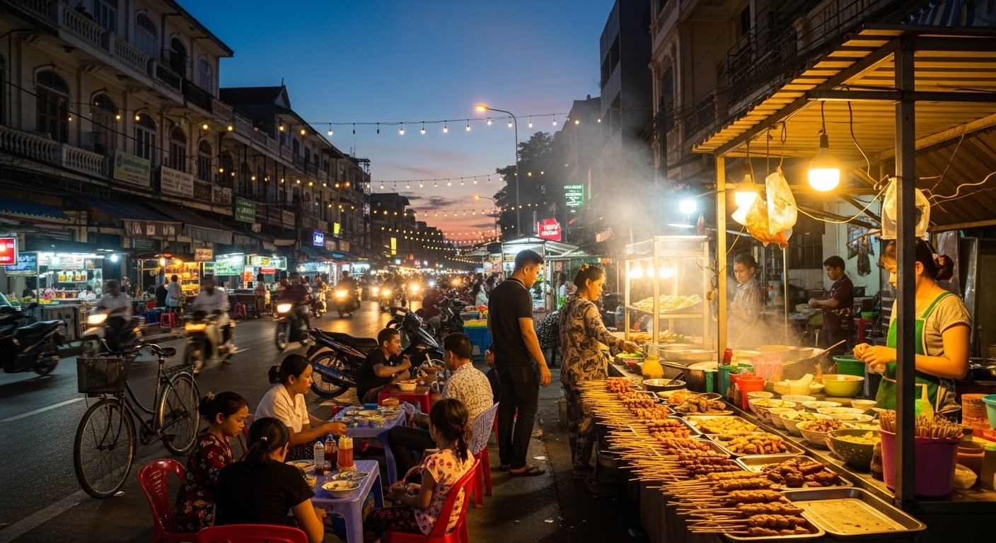 A bustling street food scene in Phnom Penh at dusk, with various food stalls and people enjoying authentic Khmer dishes, capturing the essence of a Phnom Penh Foodie Guide.