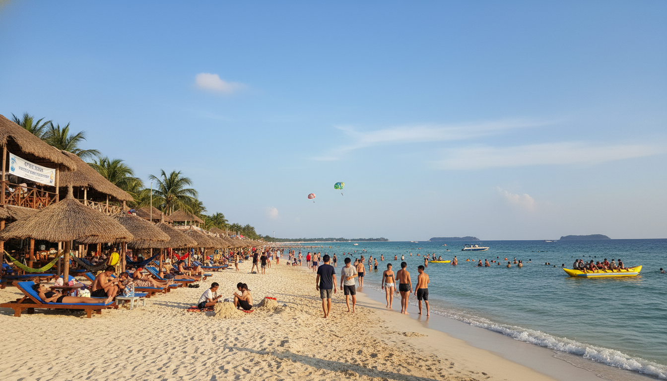 A bustling view of Otres Beach in Sihanoukville with people relaxing, swimming, and enjoying watersports, representing the best beaches near Phnom Penh for weekend trips.