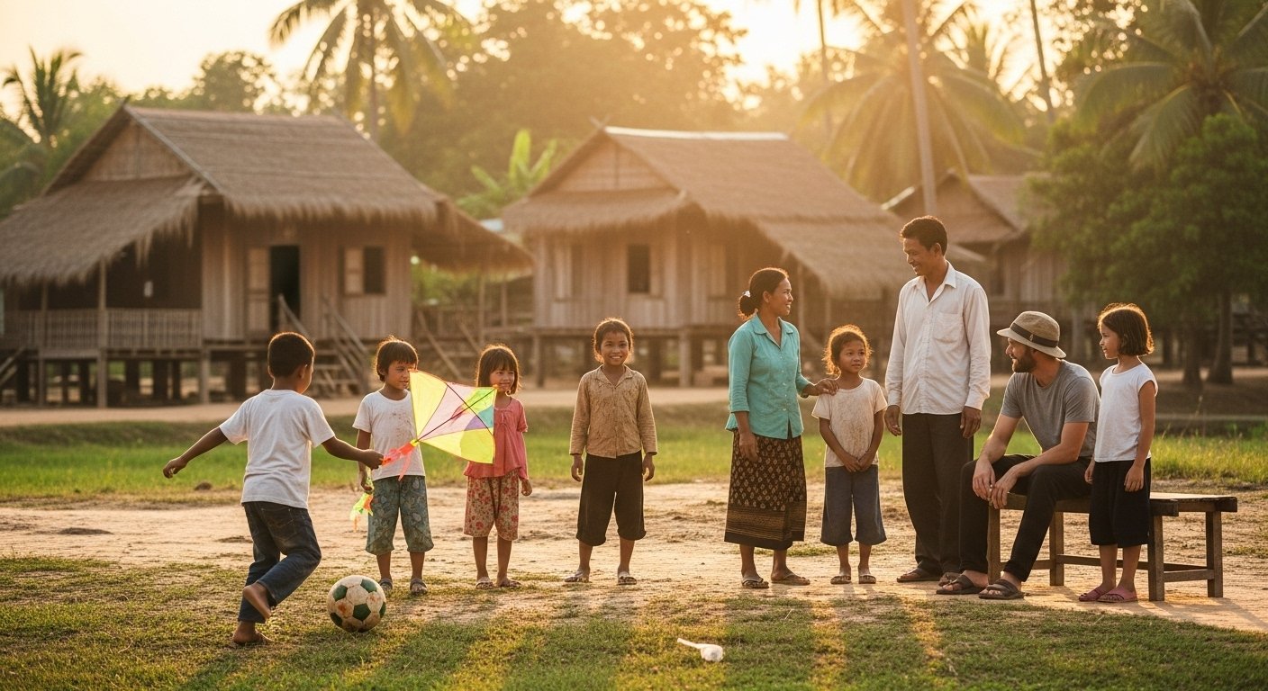 A Cambodian family interacting warmly with a visiting family, with children playing together in a village setting, emphasizing the hospitable nature of Cambodia travel with kids.