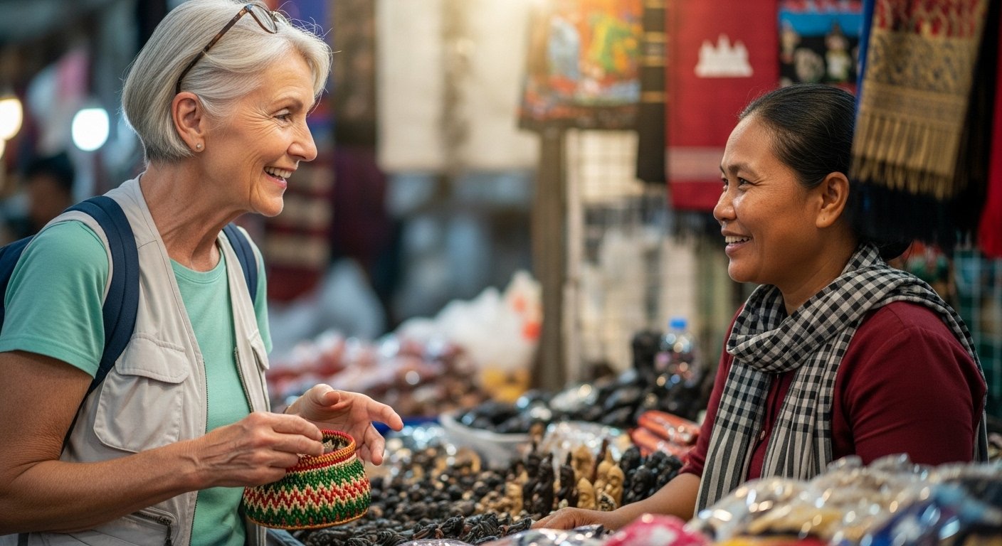 A close-up of a senior traveler interacting warmly with a local Cambodian vendor at a quiet market, emphasizing cultural engagement and friendly interactions during Cambodia travel for seniors.