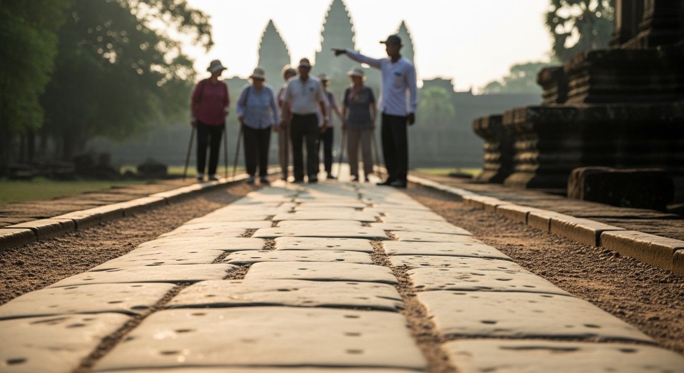 A close-up of a well-maintained path in a Cambodian temple complex, with a blurred background of senior tourists and a guide, emphasizing safe routes for Cambodia travel for seniors.