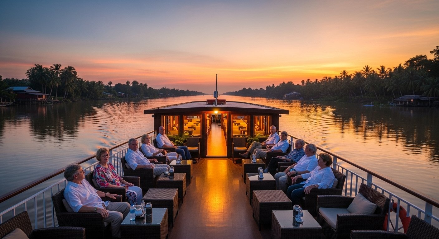 A comfortable riverboat gliding along the Mekong River at sunset, with senior passengers relaxing on deck, enjoying the scenic view. Focus on the serenity of Mekong River cruises for Cambodia travel for seniors.