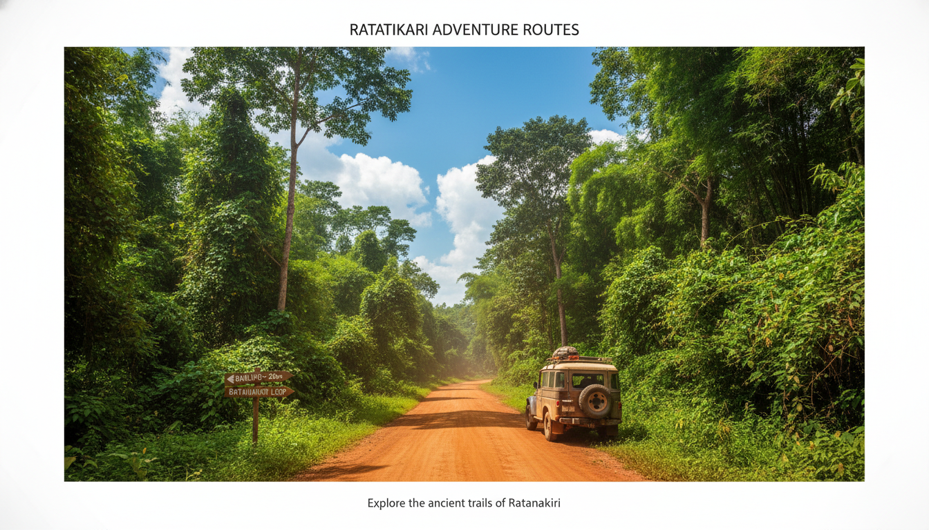 A dirt road winding through lush green jungle in Ratanakiri, Cambodia, with blue skies overhead, illustrating travel routes in a Ratanakiri travel guide.