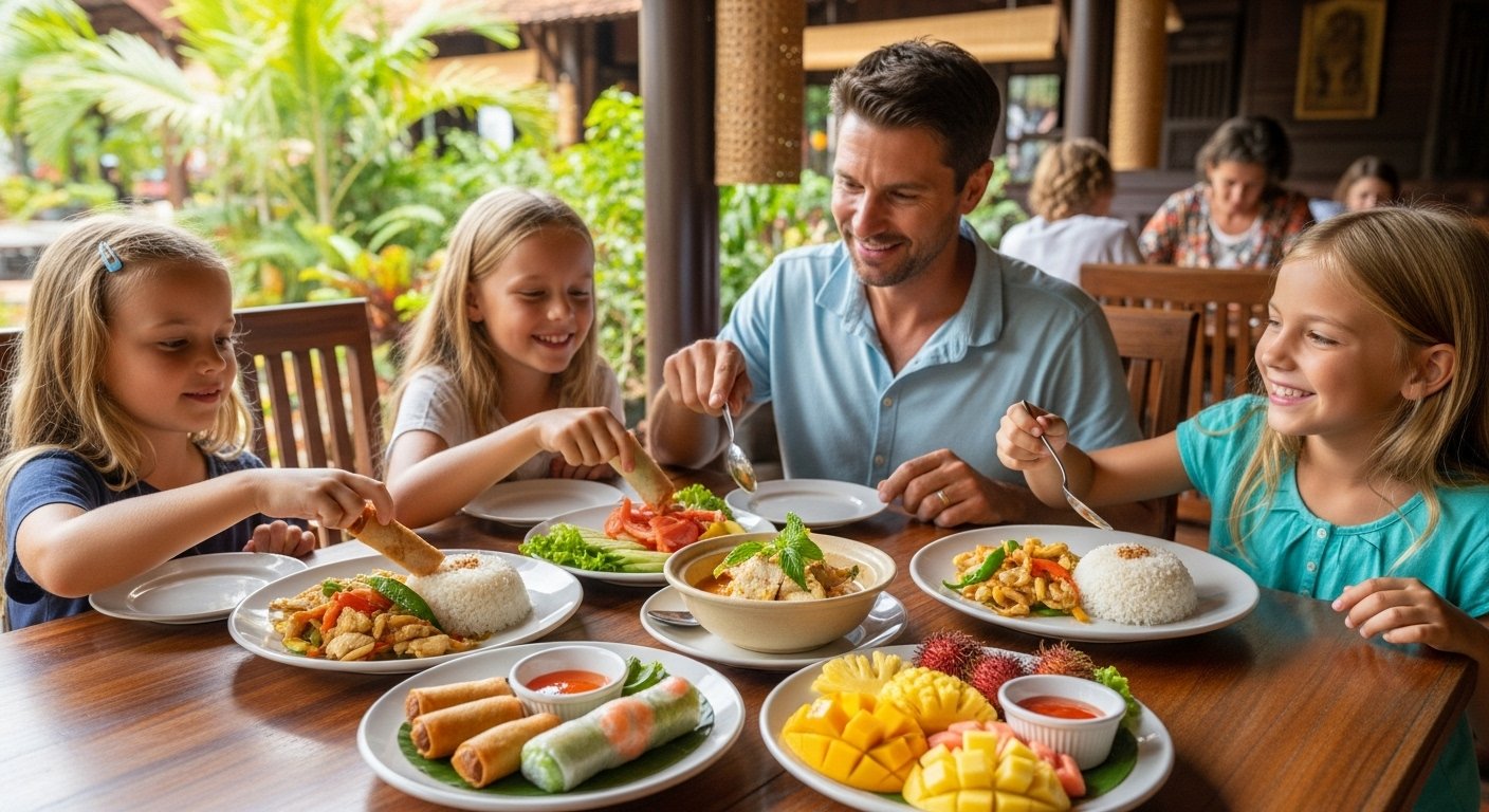 A family enjoying a child-friendly Cambodian meal in a clean, open-air restaurant, showcasing delicious local food suitable for Cambodia travel with kids.