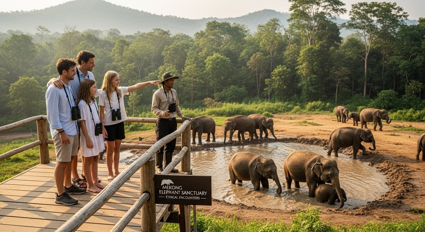 A family observing elephants at an ethical sanctuary in Cambodia, highlighting a responsible animal encounter during Cambodia travel with kids.