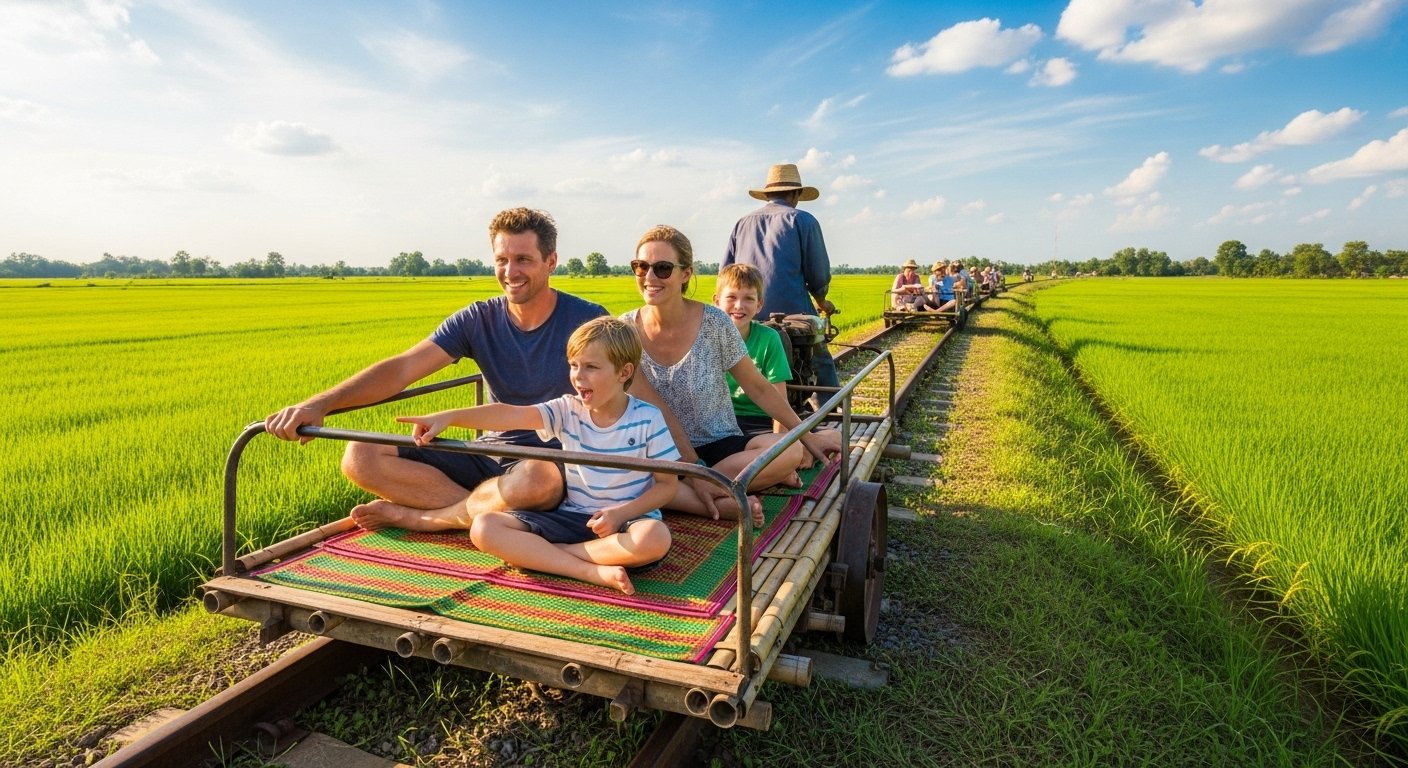 A family with children riding the unique Bamboo Train in Battambang, Cambodia, showing an exciting activity for Cambodia travel with kids.