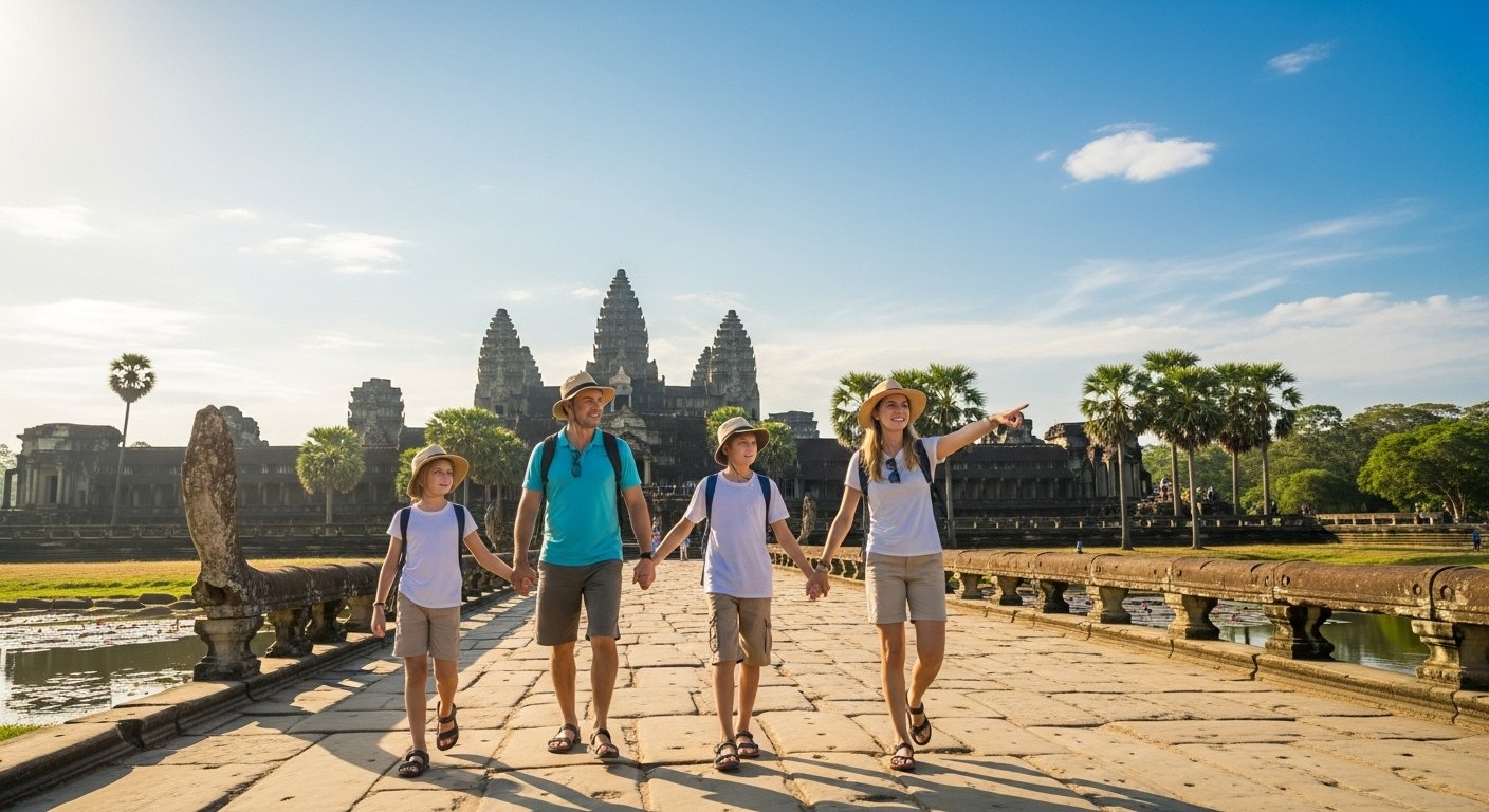 A family with kids enjoying a sunny day at Angkor Wat during the dry season, showcasing ideal weather for Cambodia travel with kids.