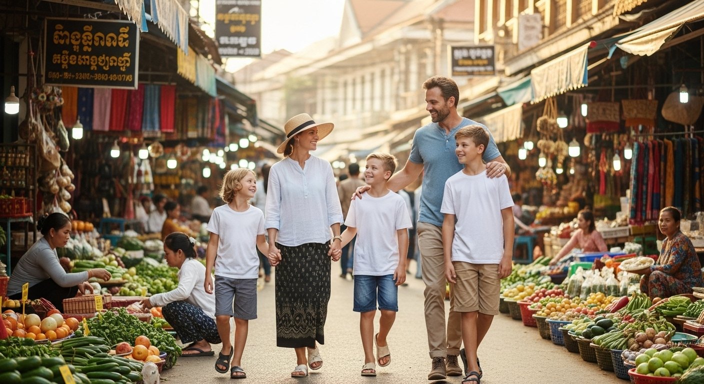 A family with two young children smiling, walking through a bustling street market in Siem Reap, Cambodia, enjoying Cambodia travel with kids.