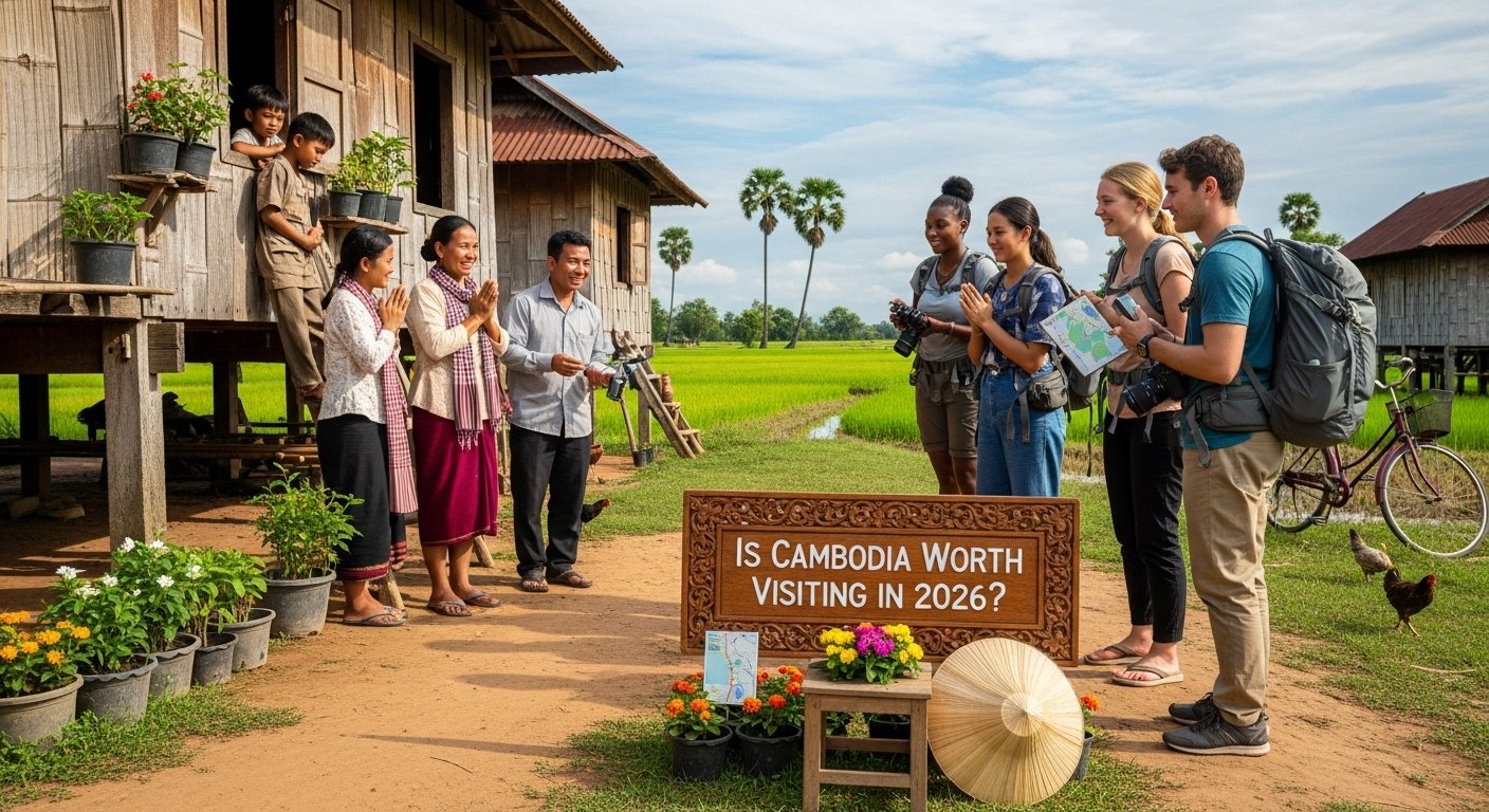 A local Cambodian family warmly greeting tourists in a rural village, demonstrating cultural interaction and addressing 'Is Cambodia Worth Visiting in 2026?'