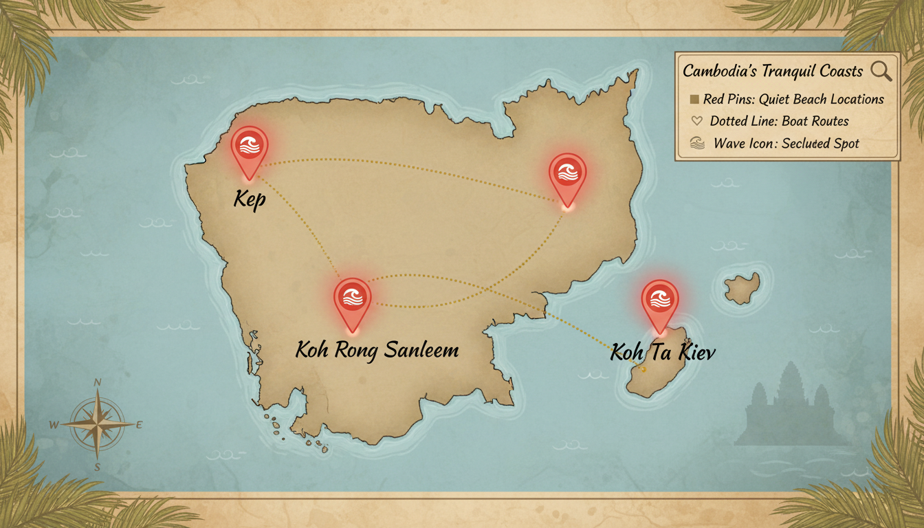 A map highlighting the locations of quiet beaches in Cambodia, including Koh Rong Sanloem, Koh Ta Kiev, and Kep, helping travelers navigate to secluded spots.